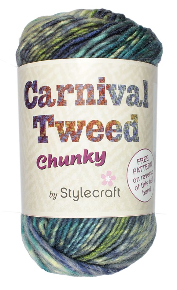 Ball of Stylecraft Carnival Tweed Chunky  in a blue/green mixwith ball band. 