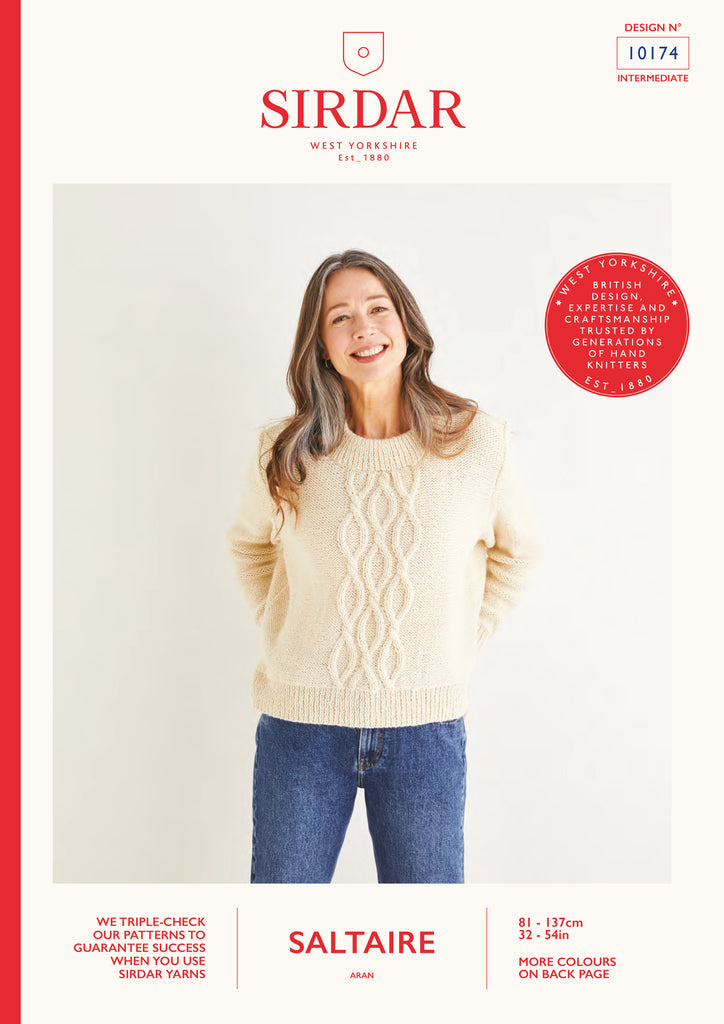 Front page of Sirdar pattern 10174 showing a smiling woman wearing a grey cabled jumper
