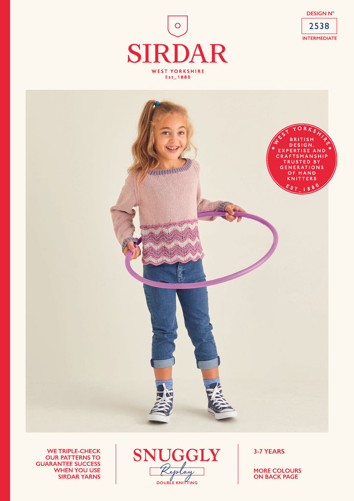 Front cover of Sirdar leaflet 2538 showing a girl in a chevron jumper playing with a hula hoop