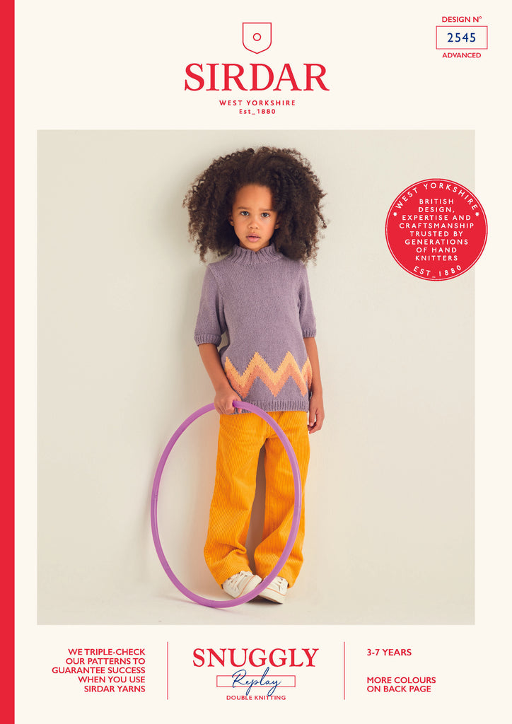 Front cover of Sirdar leaflet 2545 showing a girl in a purple zigzag sweater