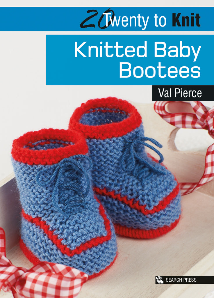 The front cover of "Twenty to Knit: Knitted Baby Bootees" by Val Pierce, featuring a pair of handmade knitted blue and red baby bootees.