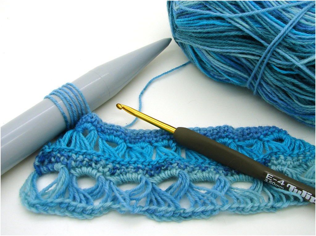 broomstick lace crochet sample in blue yarn as taught at Crates of Wool