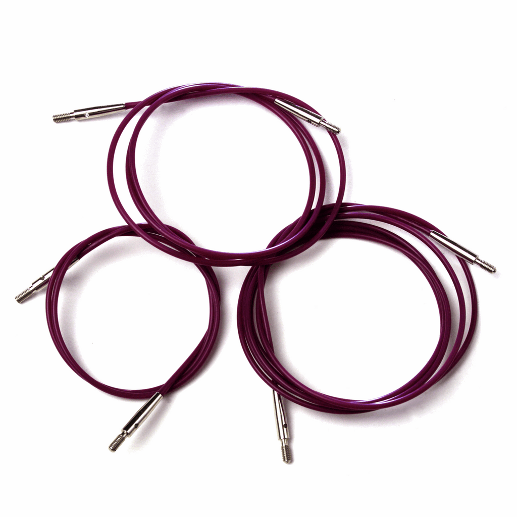 3 KnitPro purple knitting cables of various sizes.