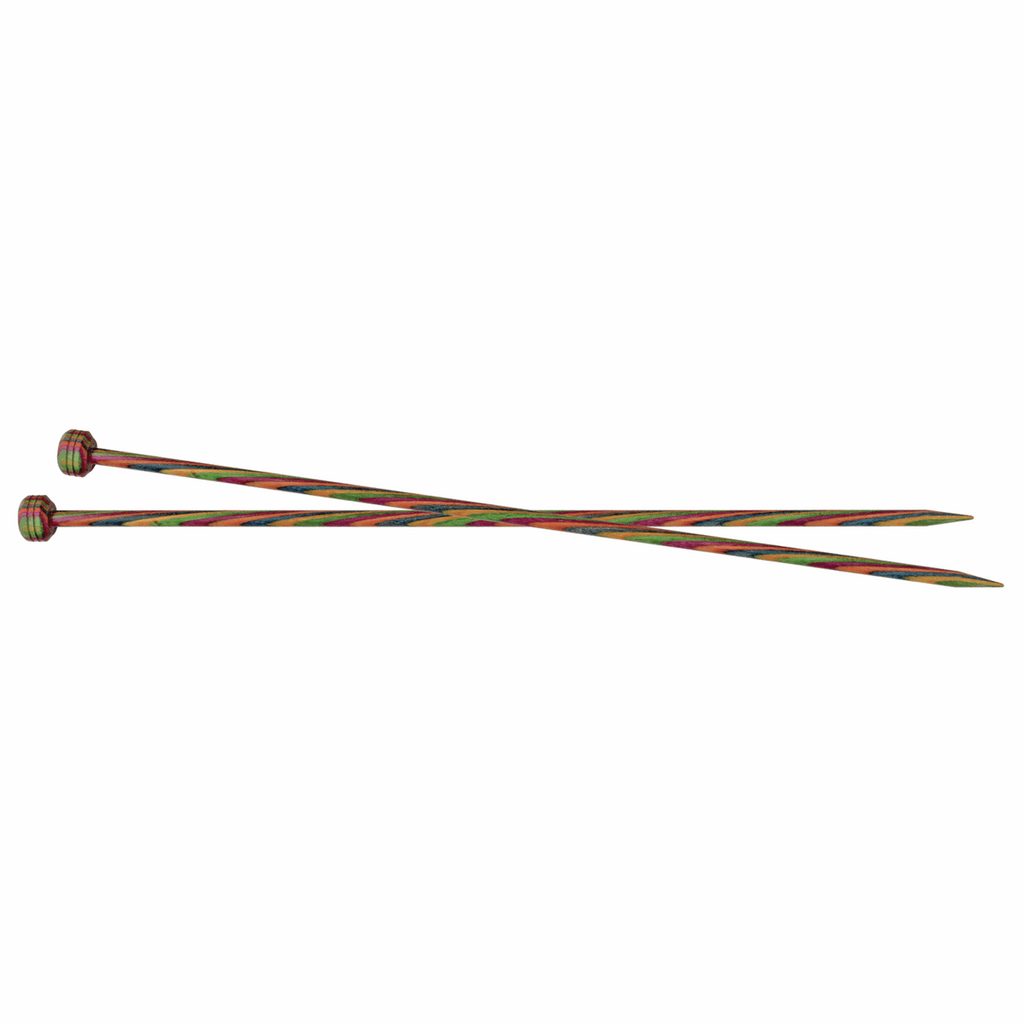 Two multi-coloured KnitPro single point knitting needles crossed over one another.