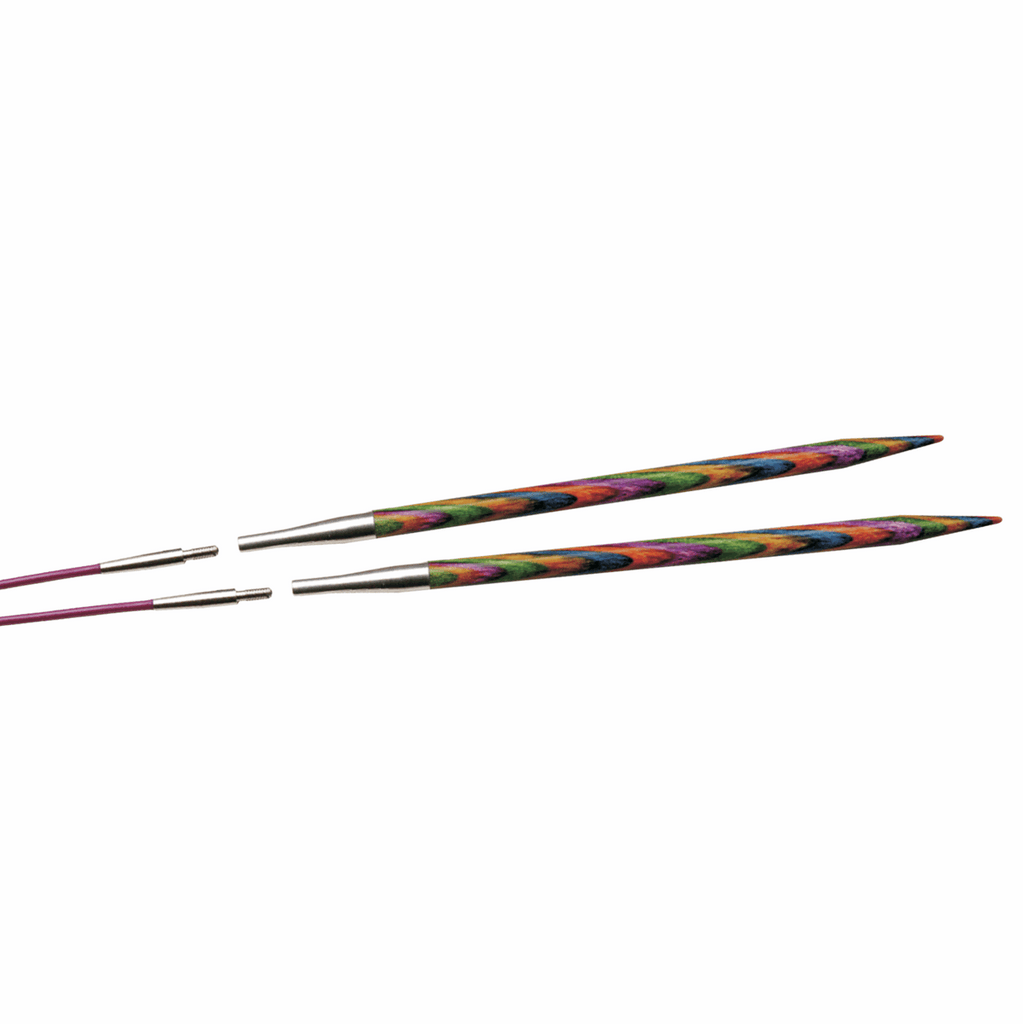 Two multi-coloured KnitPro interchangeable needles, demonstrating how to attach to purple cables.