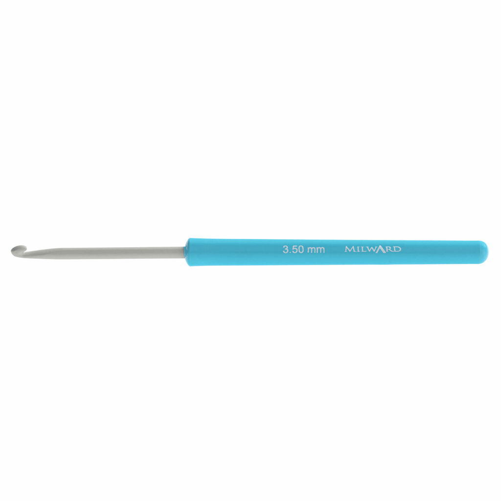Horizontal, side view of a grey Milward crochet hook with a blue plastic handle.