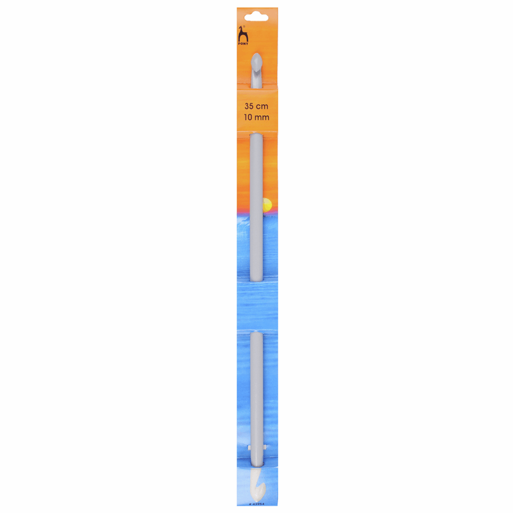 Vertical image of a grey Pony double-ended crochet hook in orange-and-blue packaging depicting a sunset over water.