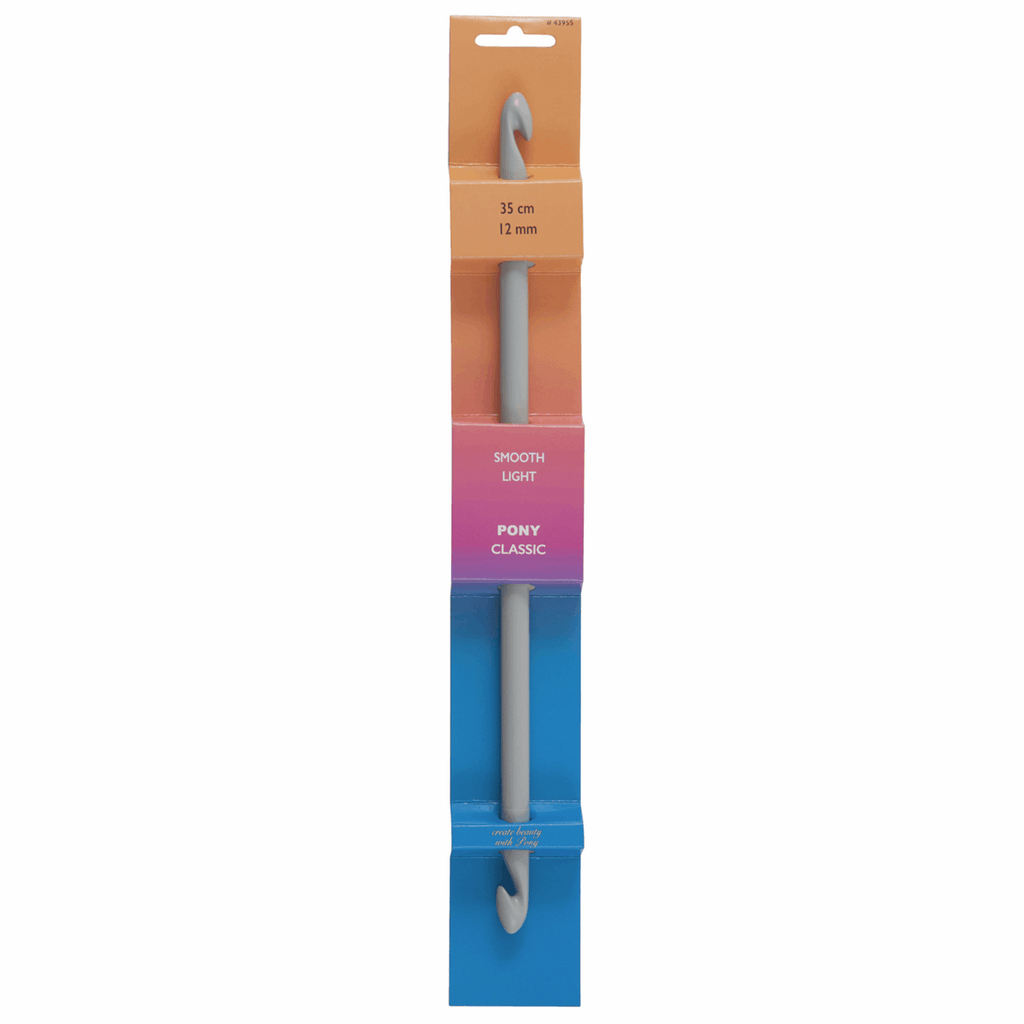 Vertical image of a grey Pony double-ended crochet hook in orange-and-blue packaging.