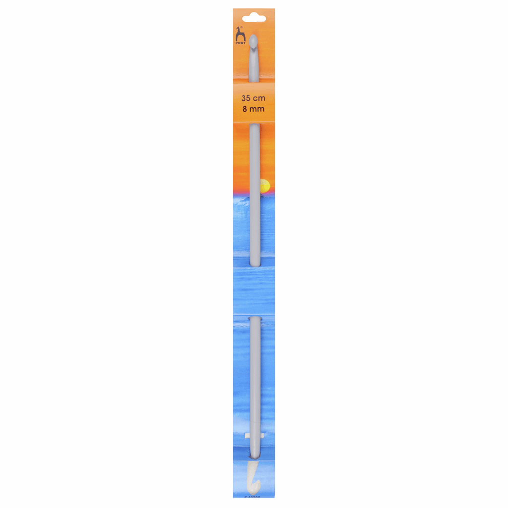 Vertical image of a grey Pony double-ended crochet hook in orange-and-blue packaging depicting a sunset over water.